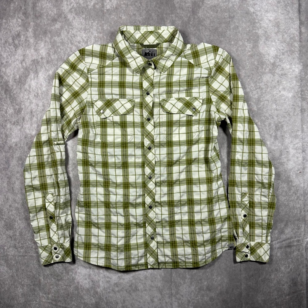 REI Co-op Women XS Green Plaid Seersucker Snap Front Hiking Shirt Trail Top